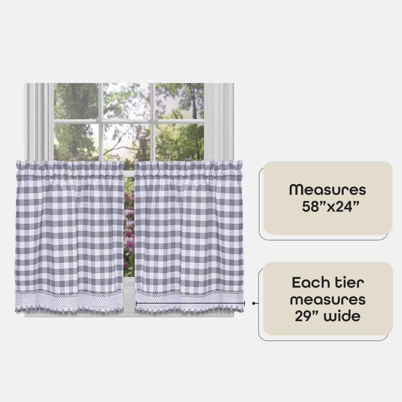 ACHIM Buffalo Check Tier Pair Window Curtain Set - 58 Inch Width, 24 Inch Length - Grey & White Plaid Drapes - Light Filtering Drapes for Kitchen, Bedroom, Living & Dining Room Home Decor - Image 4